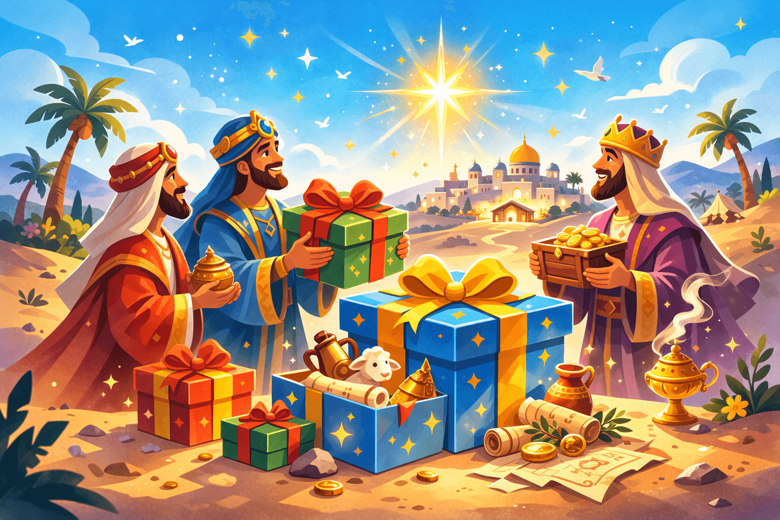 Les rois mages apportent leurs cadeaux